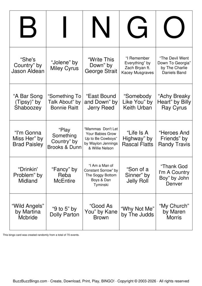 Download Free Country Music Bingo (3) Bingo Cards
