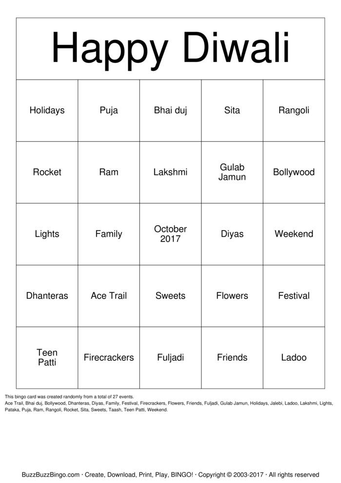 Diwali Party Bingo Cards to Download, Print and Customize!