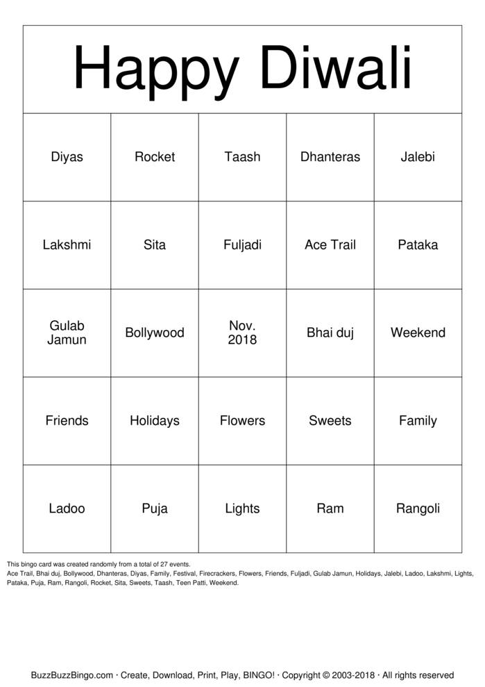 Diwali Party Bingo Cards to Download, Print and Customize!