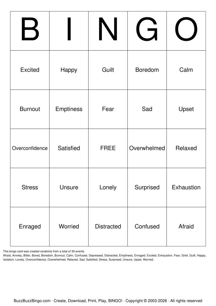 Download Free Emotions Bingo Cards