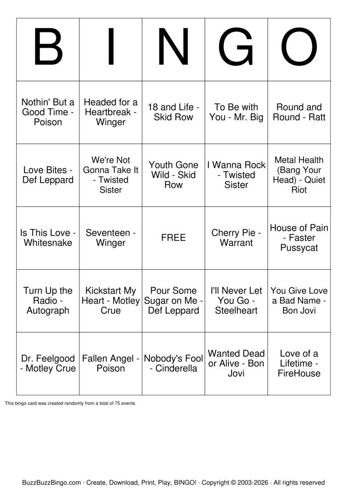 Download Free Hair Metal / Glam Metal Bingo Cards