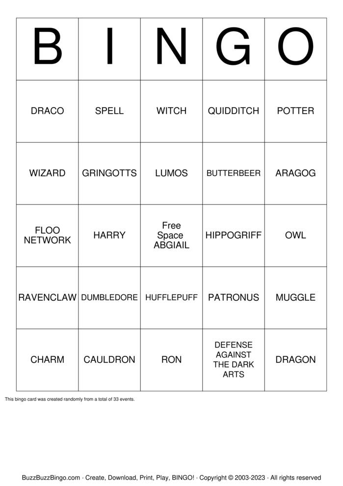 Download Free Harry Potter Bingo Walker Edit Bingo Cards