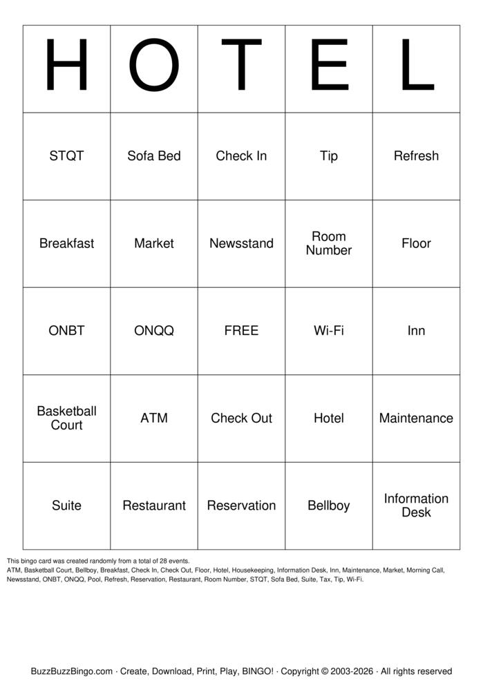 Download Free Hotel Bingo Cards Download Free Hotel Bingo Cards