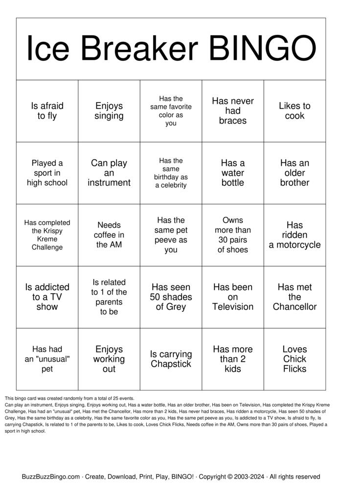 Download Free ICEBREAKER BINGO Bingo Cards Download Free ICEBREAKER BINGO Bingo Cards