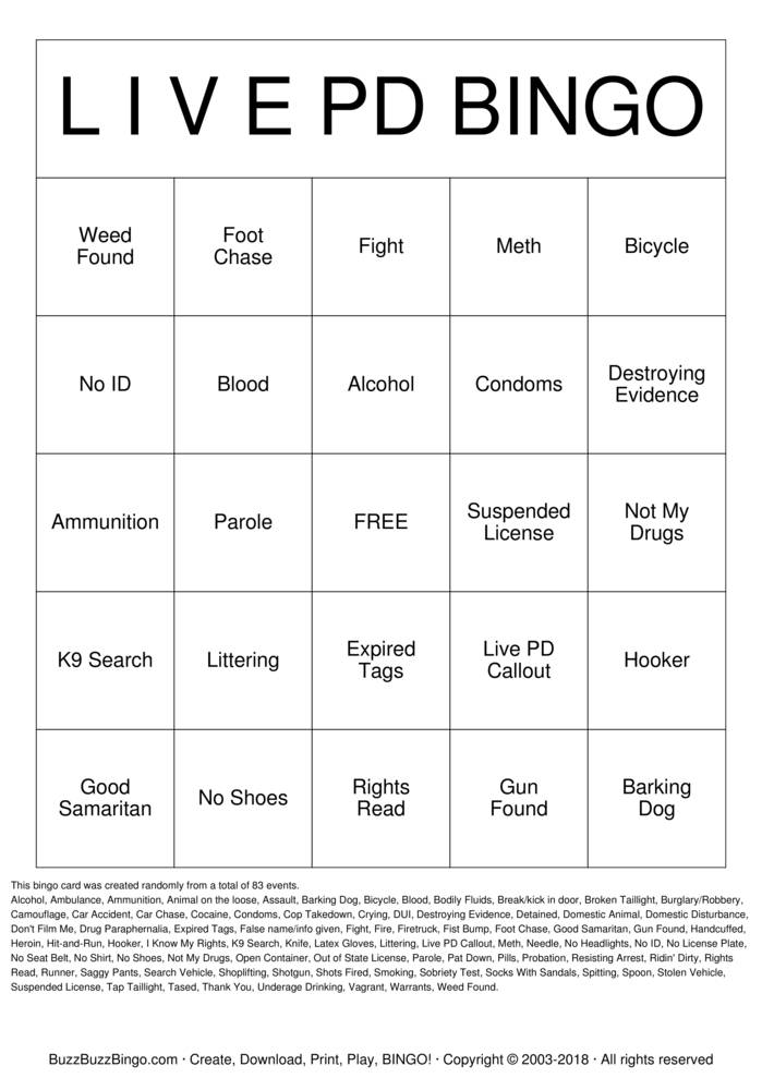 Download Free LIVE PD Bingo Cards