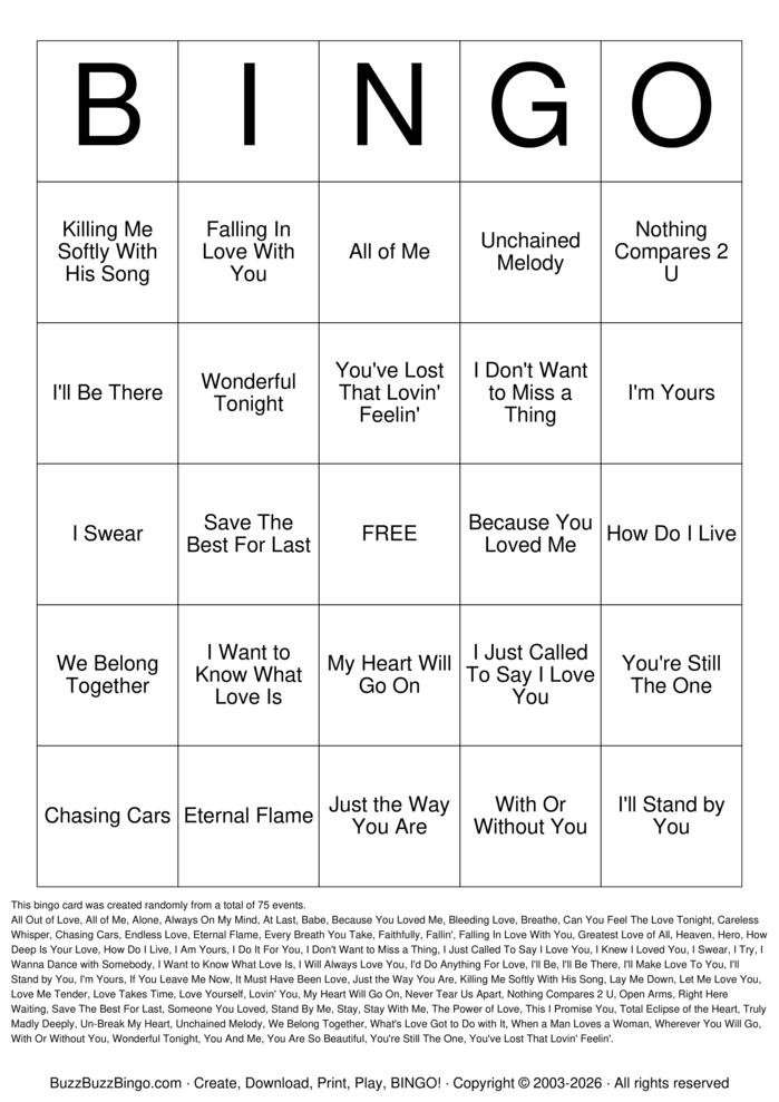 Download Free Love Song Artists Bingo Cards