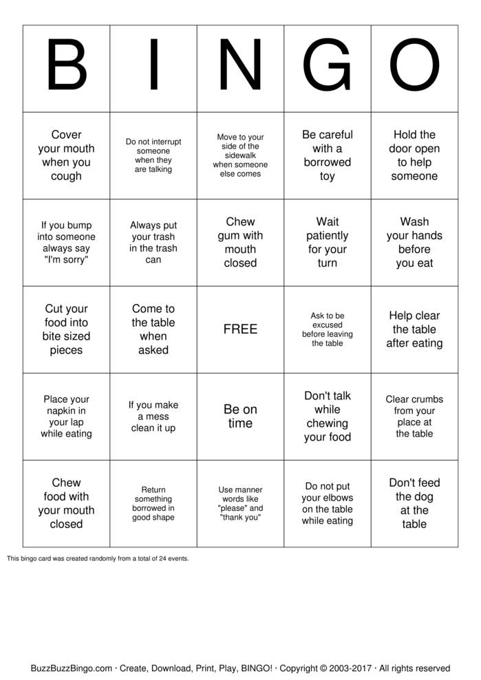 Manners Bingo Cards to Download, Print and Customize!