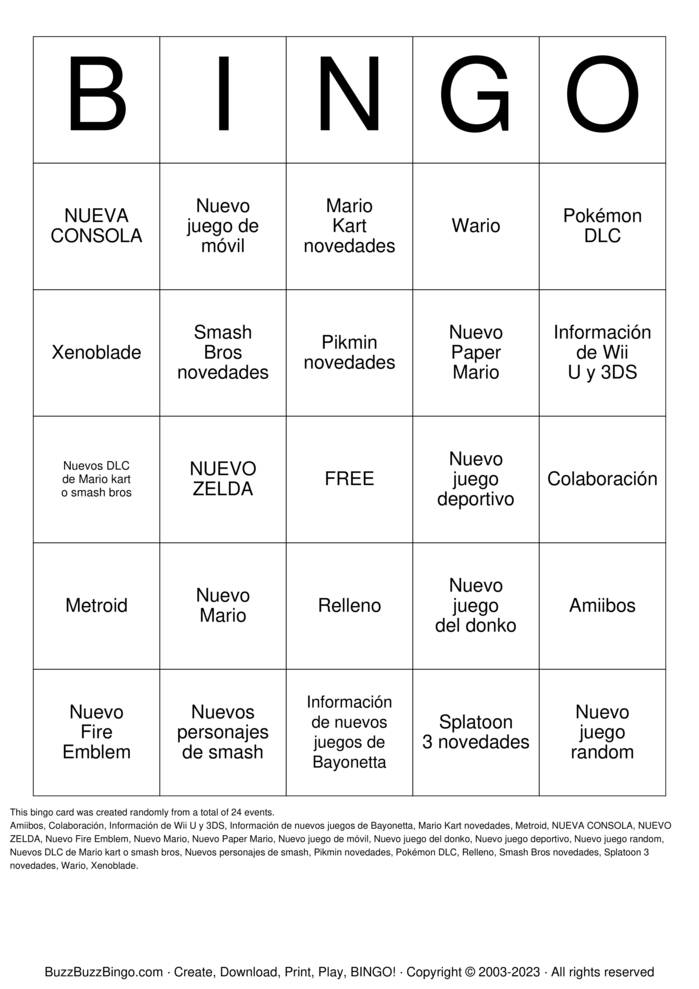 Download Free Nintendo direct bingo Bingo Cards