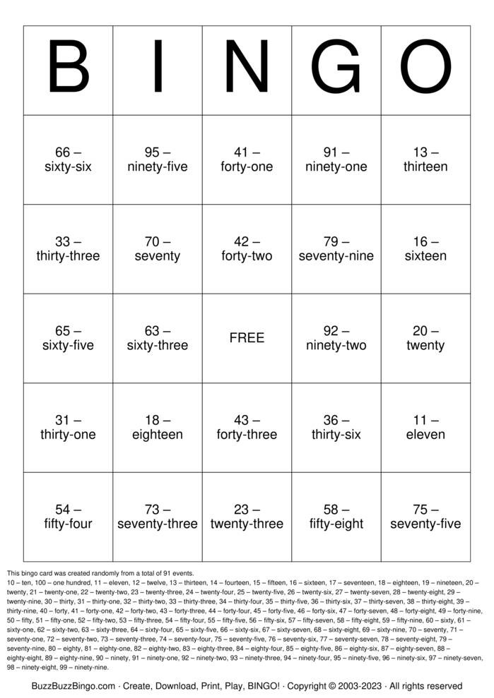 Number names Bingo Cards to Download, Print and Customize!