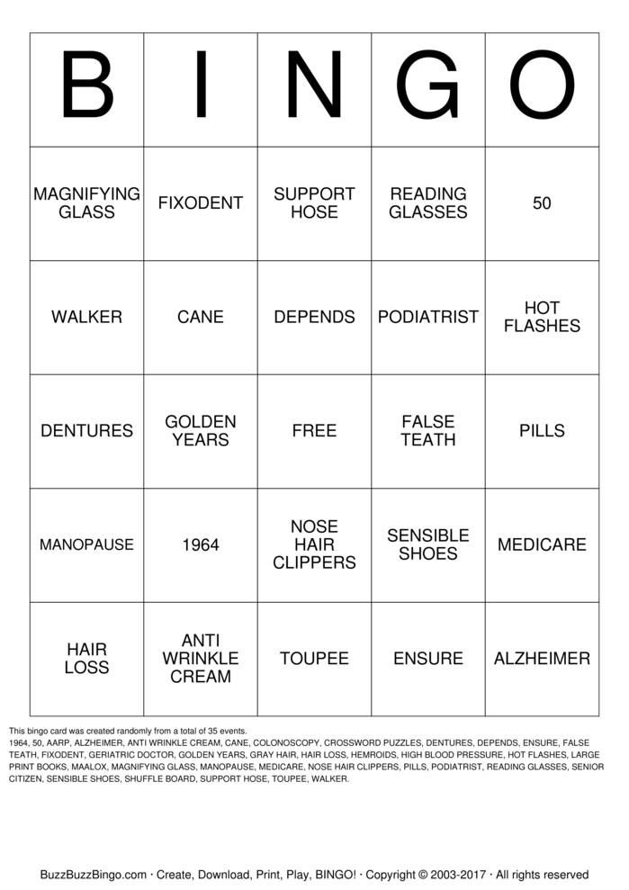 OVER THE HILL Bingo Cards to Download, Print and Customize!