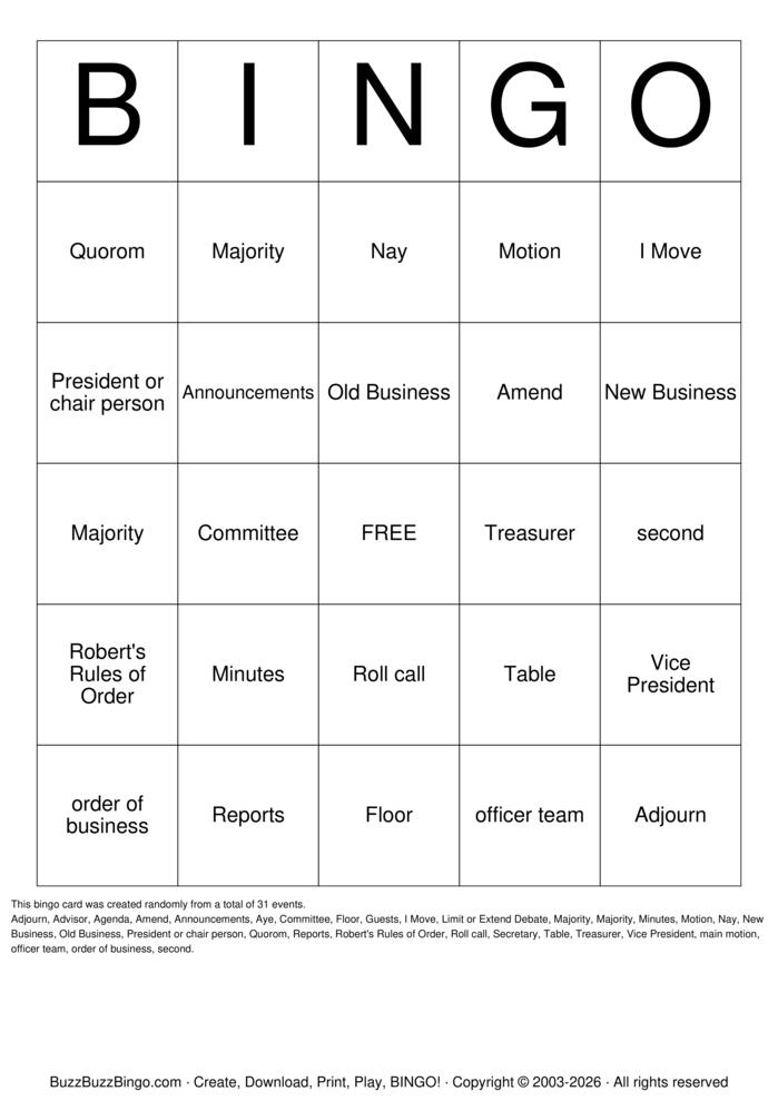 Download Free Parliamentary Procedure Bingo Cards Download Free Parliamentary Procedure Bingo Cards