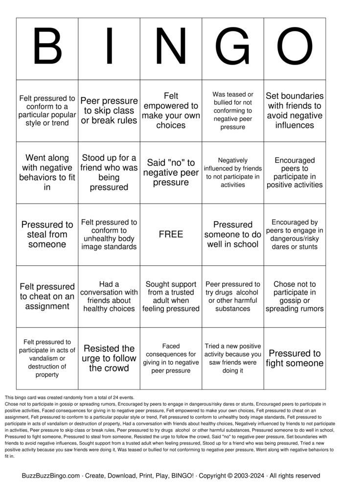 Download Free Peer Pressure Bingo Cards Download Free Peer Pressure Bingo Cards
