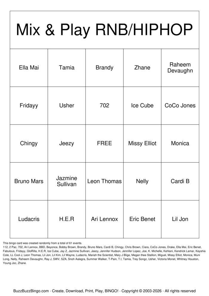 Download Free R&B and Hiphop Bingo Cards Download Free R&B and Hiphop Bingo Cards