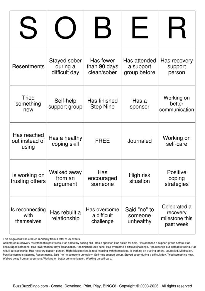 Download Free Recovery Bingo Cards