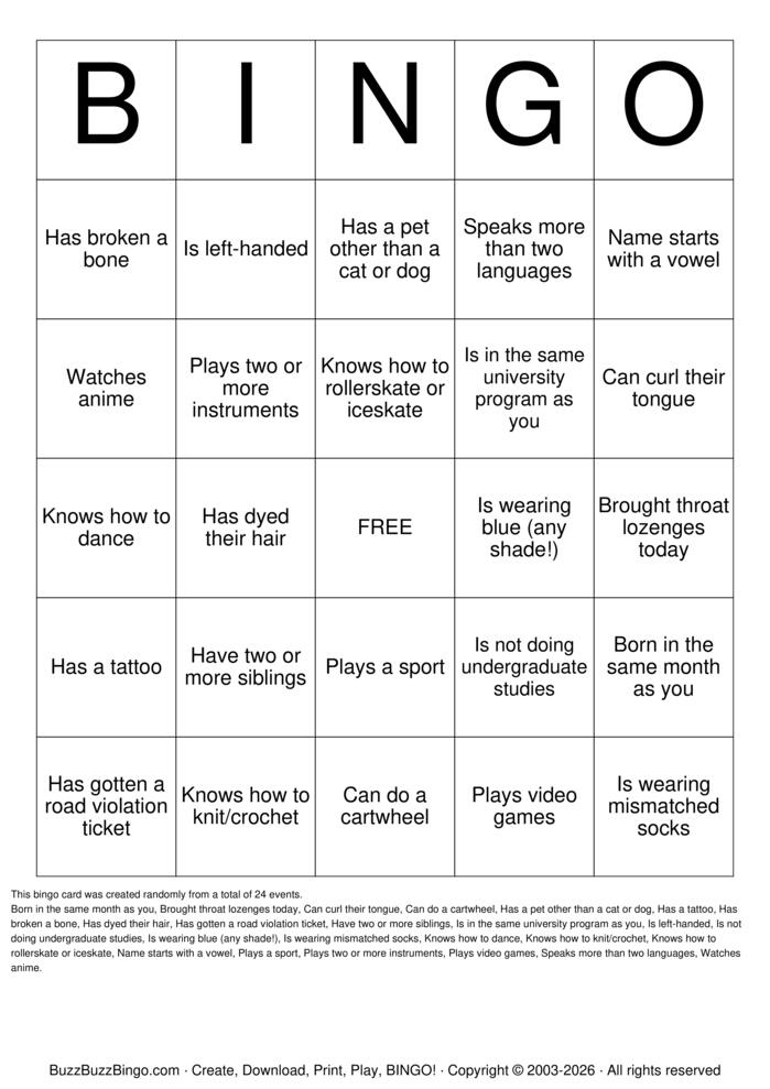 Download Free Speed Friending Bingo Cards