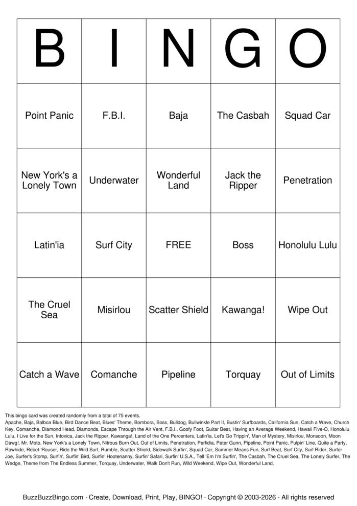 Download Free Surf Rock Titles Bingo Cards