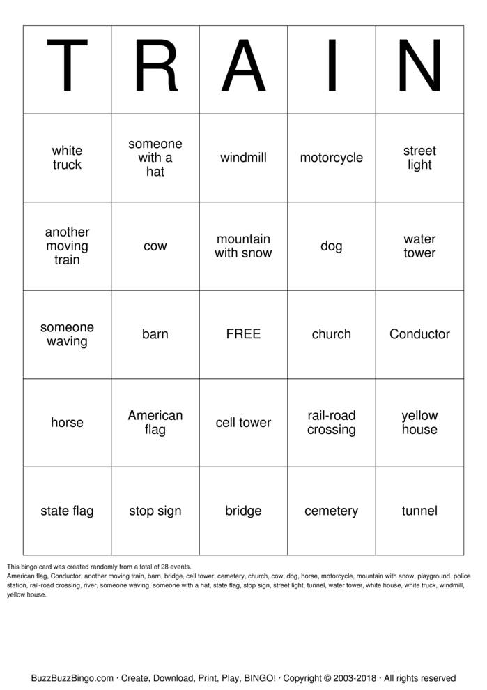 Download Free TRAIN Bingo Cards