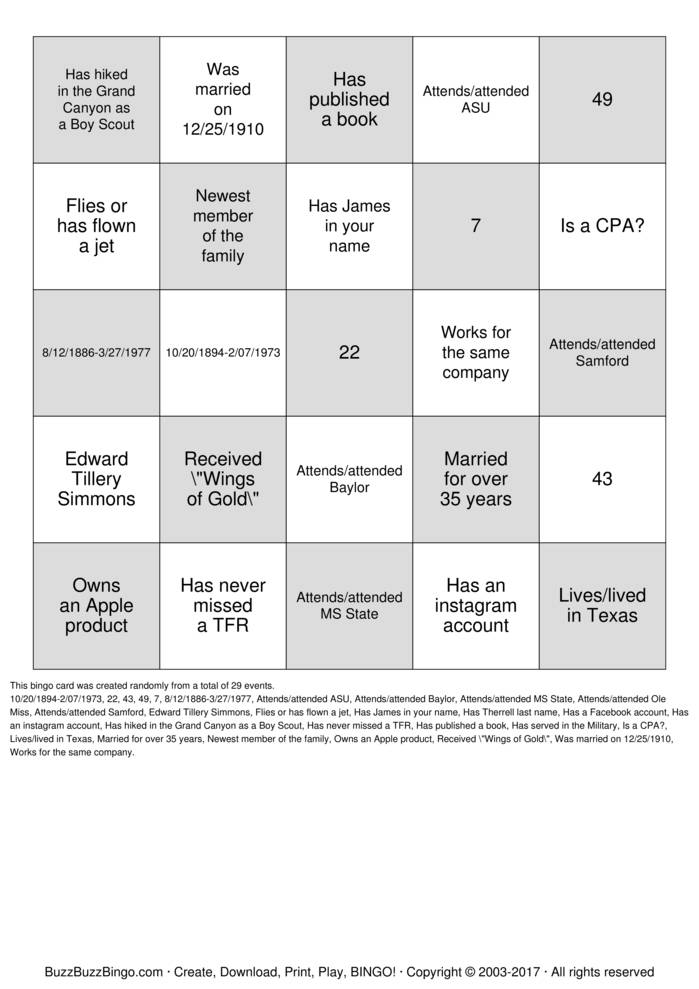therrell family reunion bingo cards to download print and customize