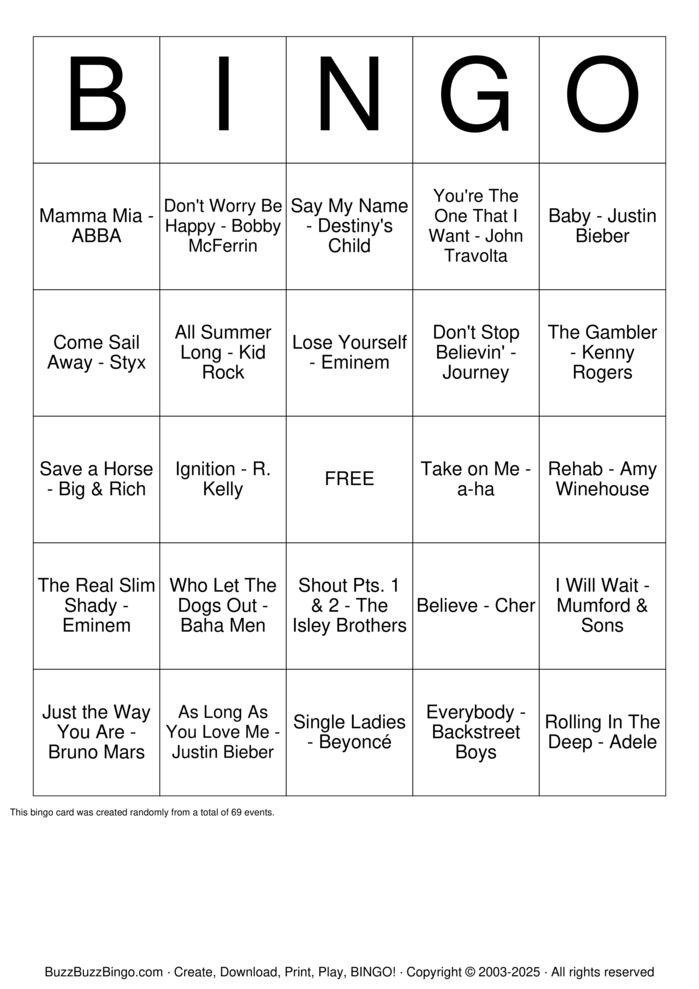 Download Free Try Not to Sing Music Bingo Cards