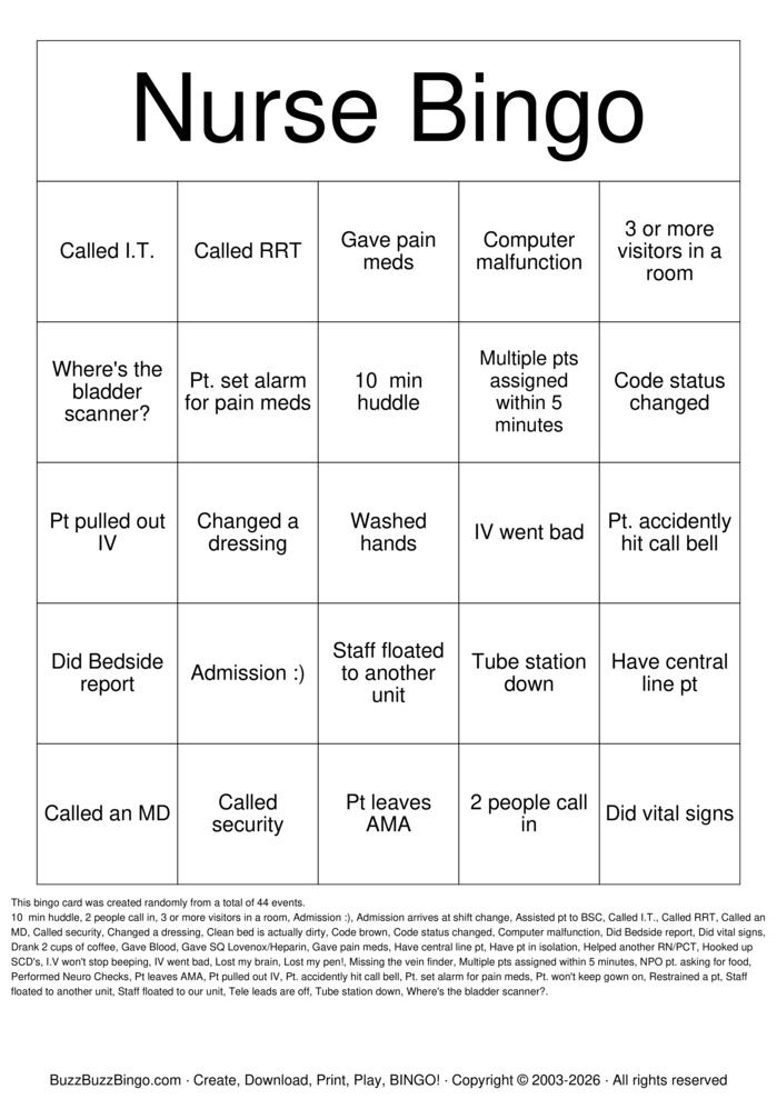 Download Free nursing Bingo Cards