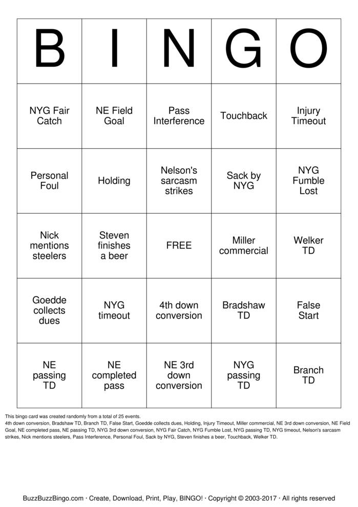 2012 Superbowl NYG vs NE Bingo Cards to Download, Print and Customize!