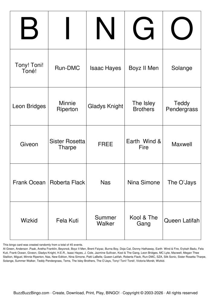 Download Free Black Music Month Bingo Bingo Cards