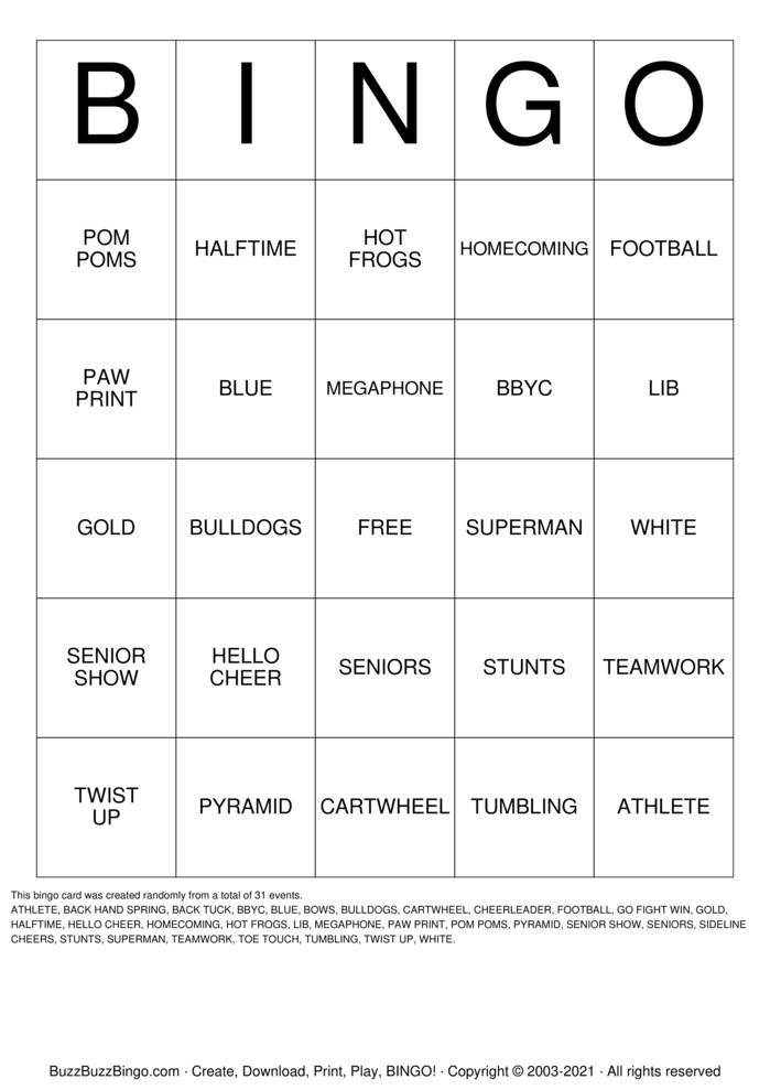 Download Free CHEER Bingo Cards Download Free CHEER Bingo Cards