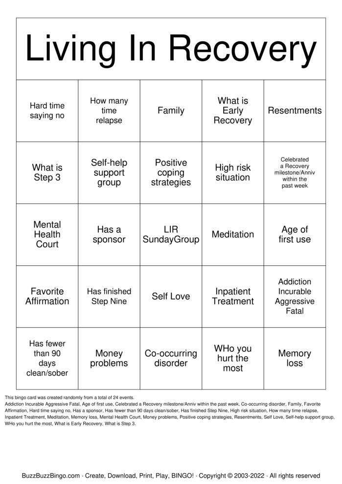 thumbnail image 2 of Recovery Bingo Game - 24 Cards With 600 Questions For Group Therapy & Family 2 of 3