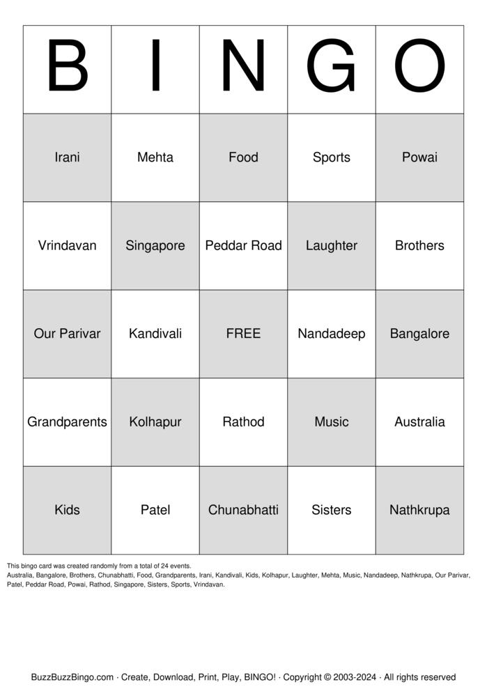 Download Free Family Bingo Cards