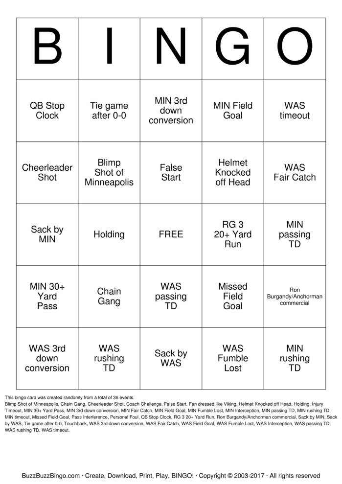 Download Free Football Bingo Cards Download Free Football Bingo Cards