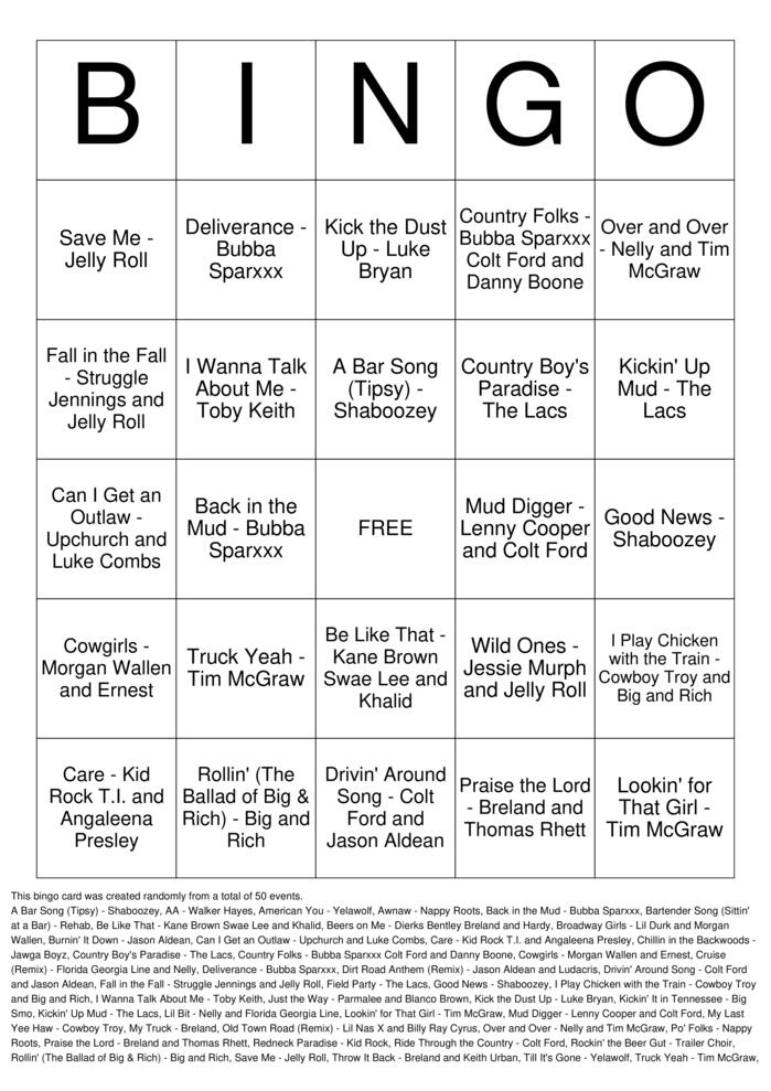 Download Free Hick-Hop Top 50 Bingo Cards