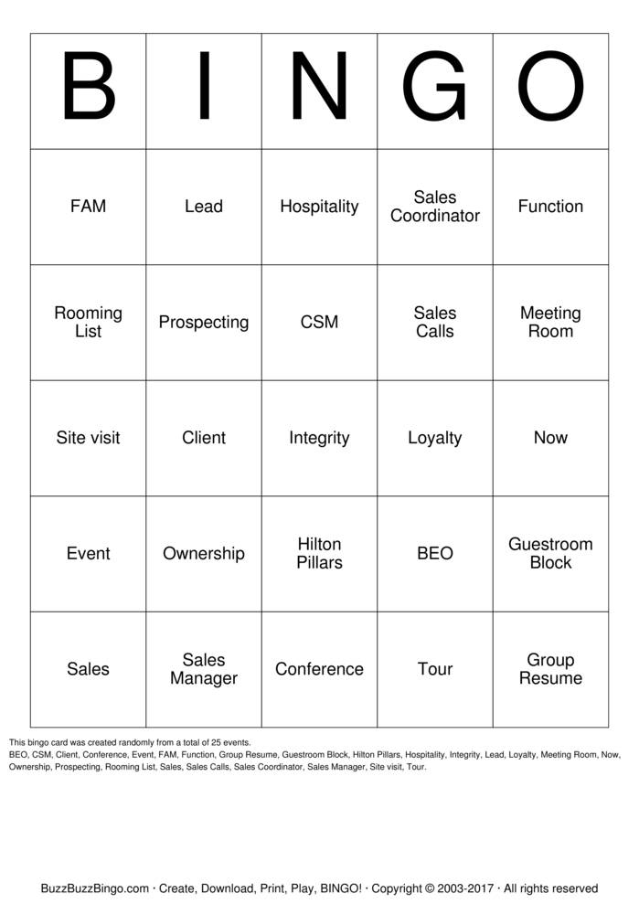Download Free Hospitality  Bingo Cards
