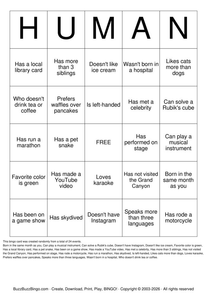 Download Free Human Bingo Cards