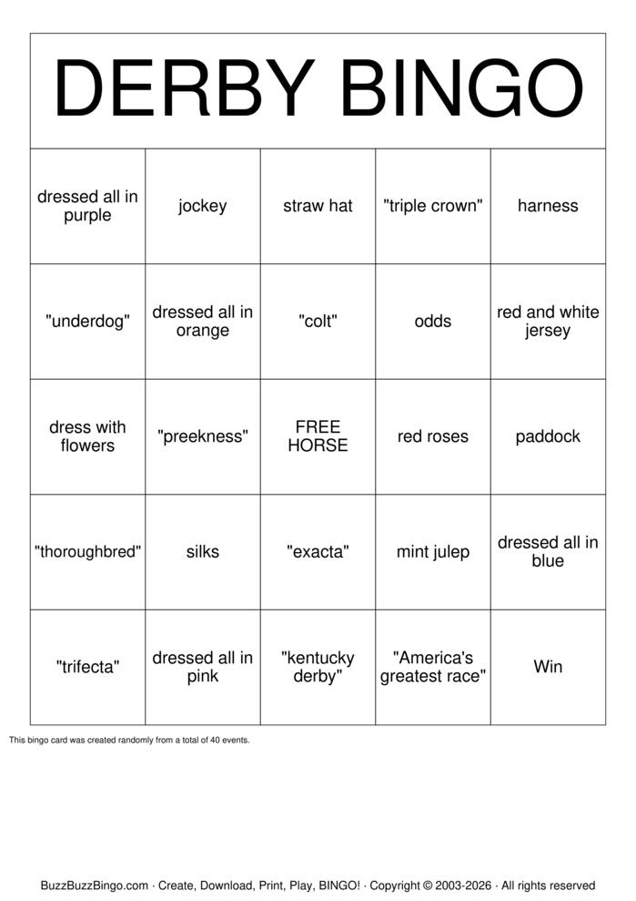 Download Free Kentucky Derby Bingo Cards