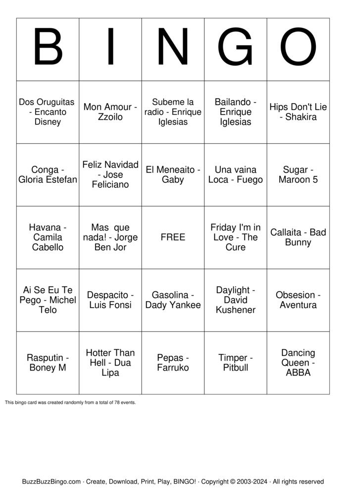 Download Free Latin Music Bingo Cards Download Free Latin Music Bingo Cards