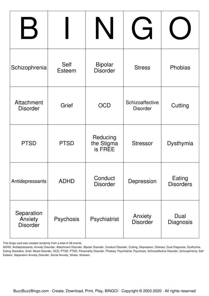 MENTAL HEALTH Bingo Cards to Download, Print and Customize!