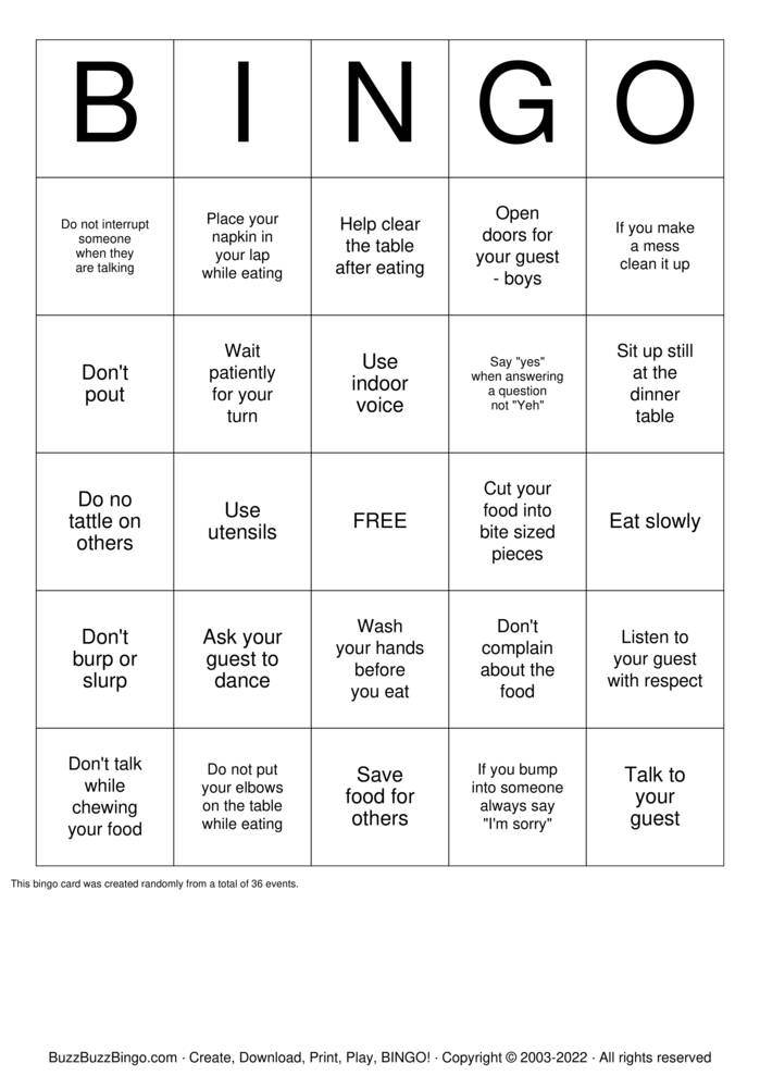 Manners Bingo Cards to Download, Print and Customize!