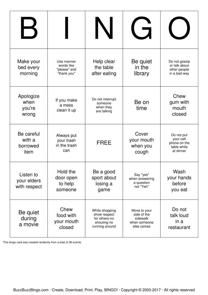 Manners Bingo Cards to Download, Print and Customize!