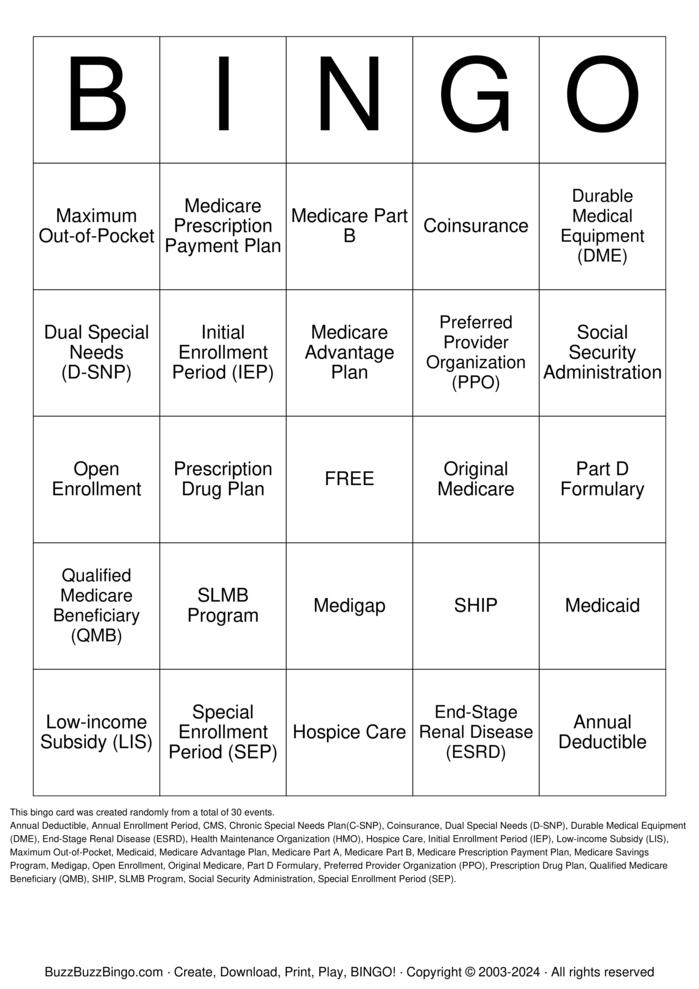 Download Free Medicare BINGO Bingo Cards