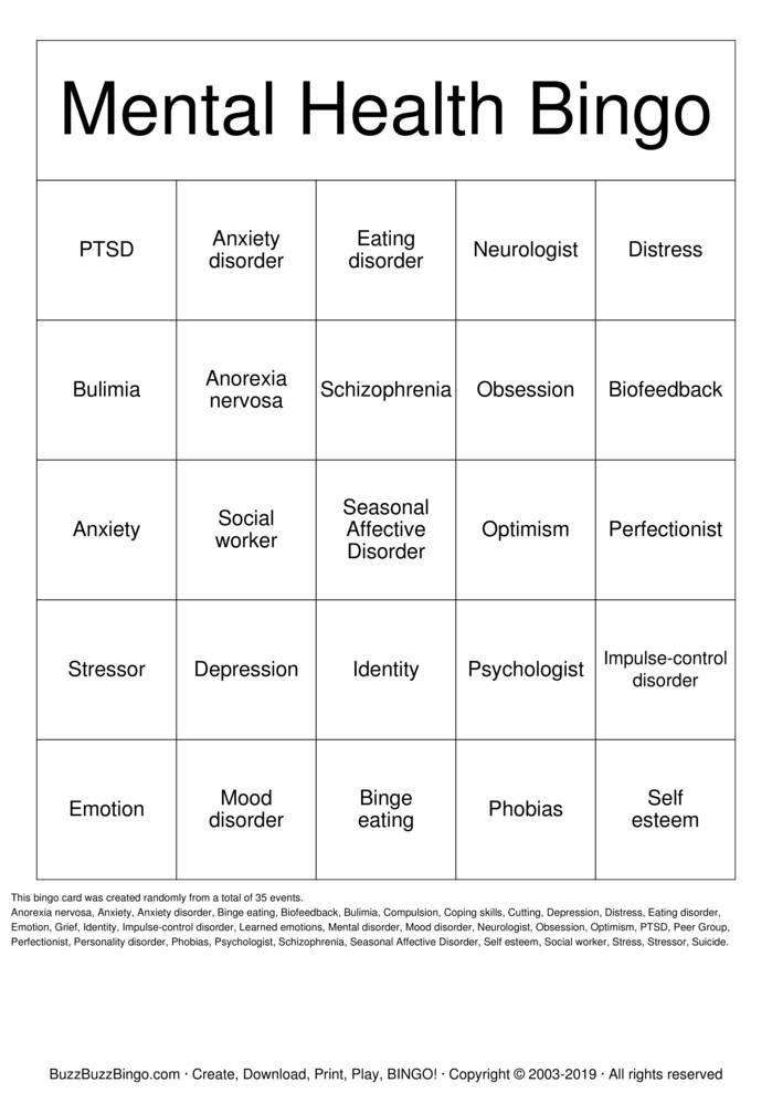 Download Free Mental Health Bingo Cards Download Free Mental Health Bingo Cards