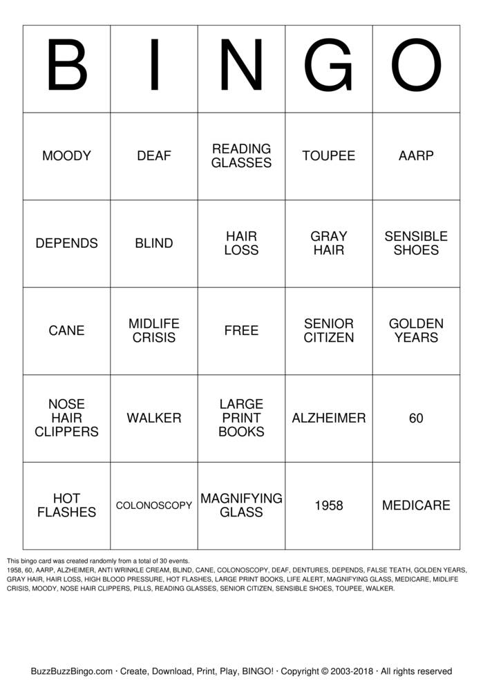OVER THE HILL Bingo Cards to Download, Print and Customize!