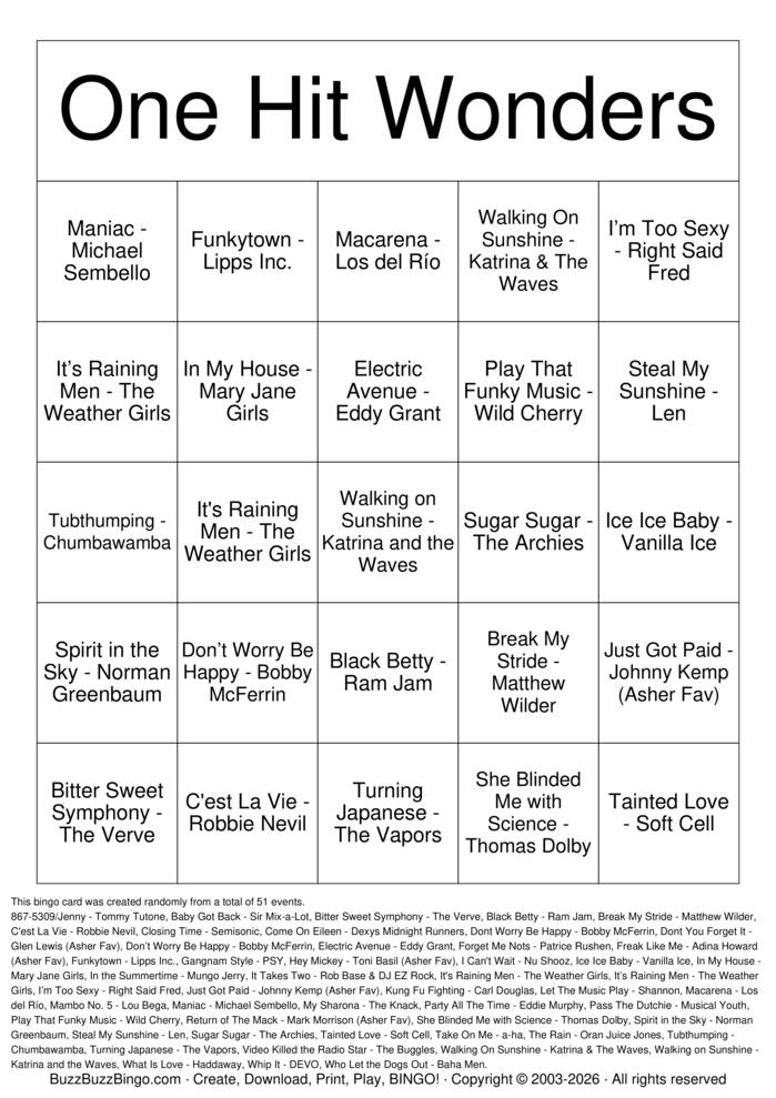Download Free One-Hit Wonders Bingo Cards Download Free One-Hit Wonders Bingo Cards