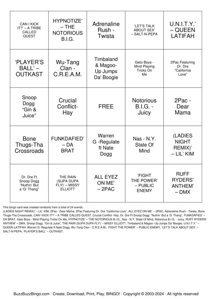 Download Free P&D 90s Hiphop SINGO Bingo Cards