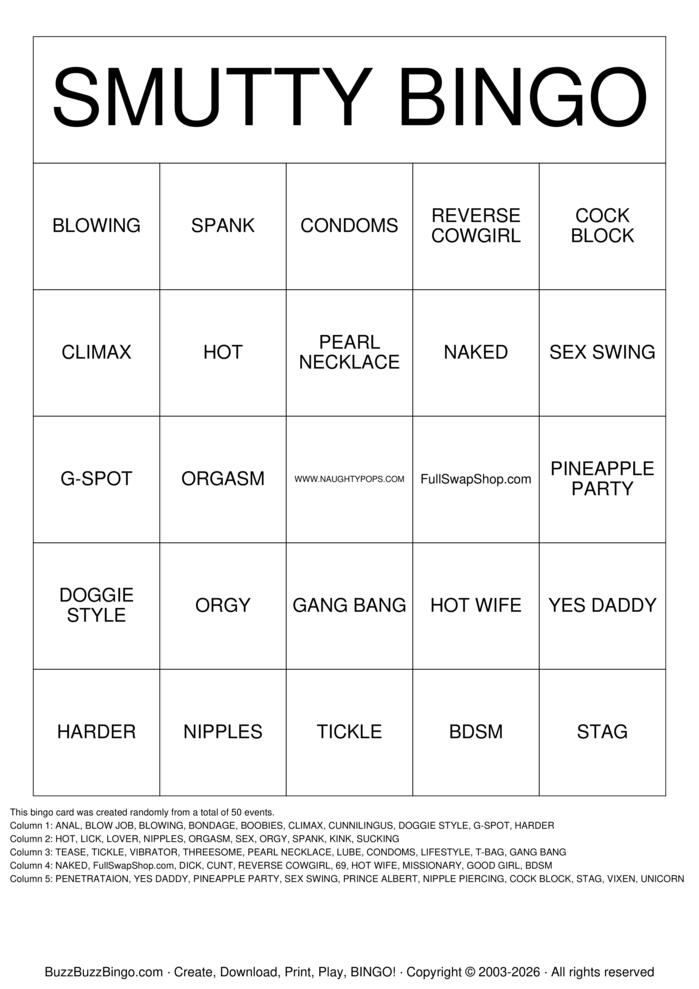 Download Free SMUTTY BINGO Bingo Cards