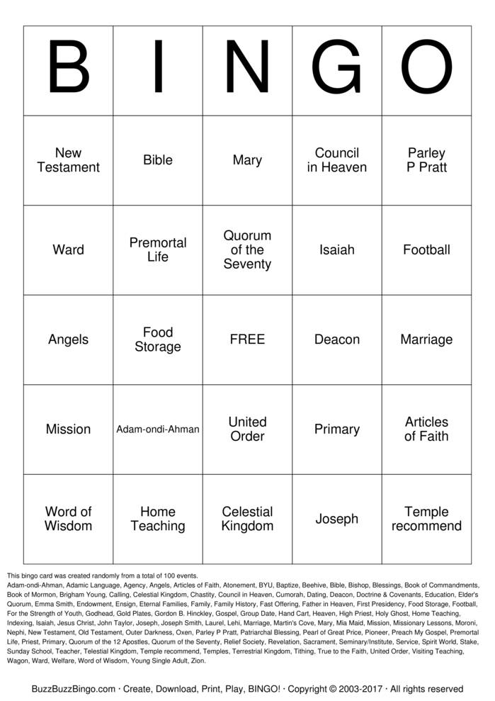 Salem Hills YSA Ward Bingo Cards to Download, Print and Customize!