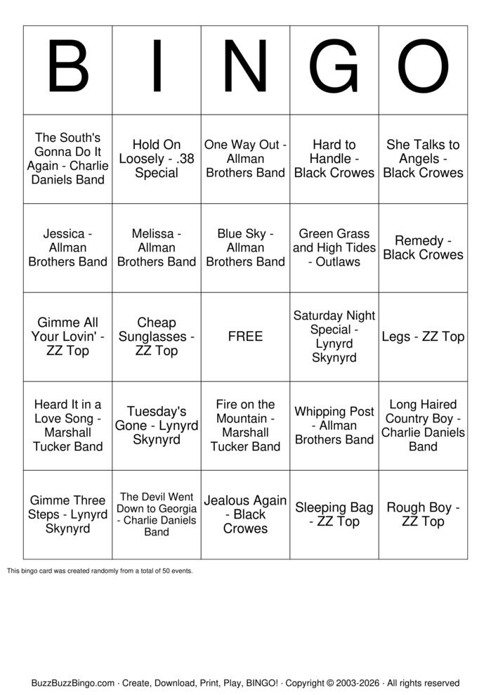 Download Free Southern Rock Top 50 Bingo Cards