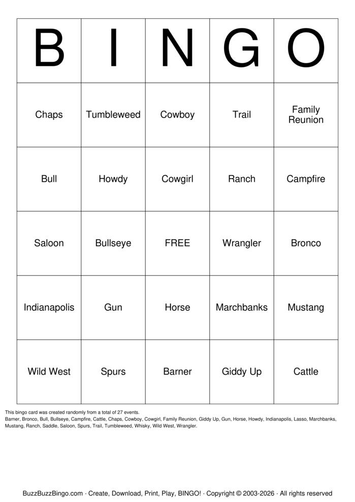 Download Free Western Round-Up Bingo Cards