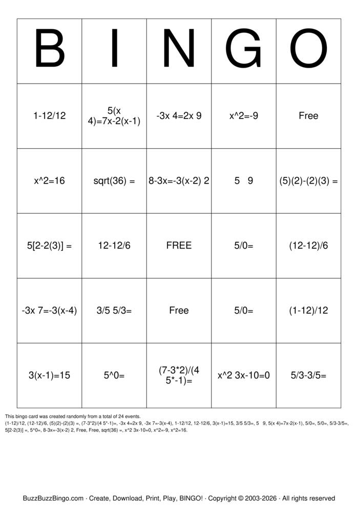 Download Free Basic Algebra Bingo Cards Download Free Basic Algebra Bingo Cards