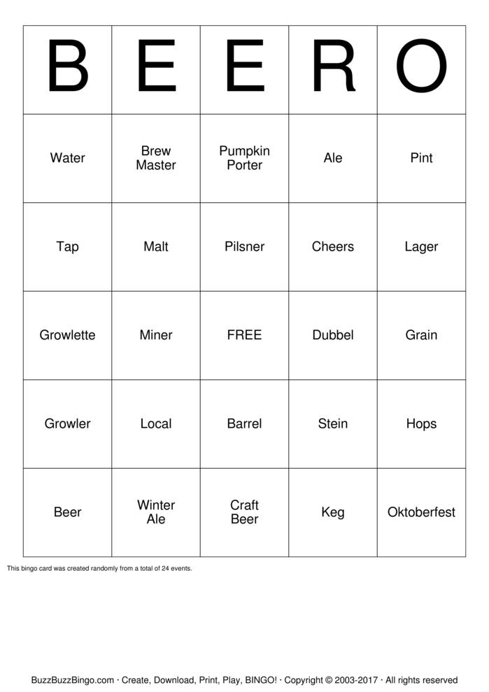 Download Free Beer  Bingo Cards