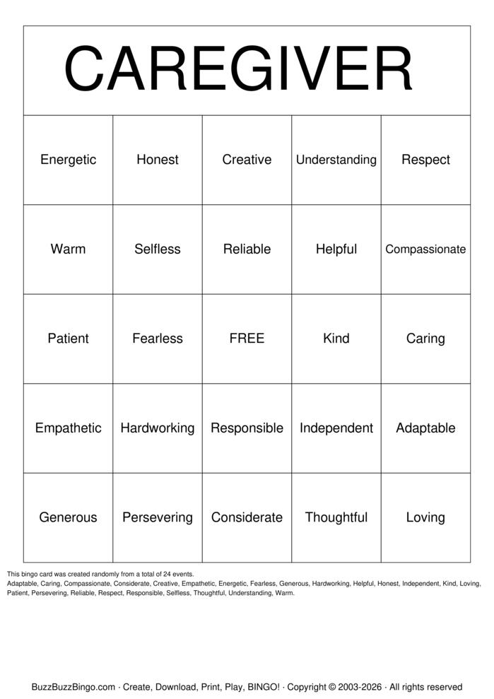 Download Free CAREGIVER Bingo Cards Download Free CAREGIVER Bingo Cards